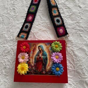 Mother Guadalupe Red Cigar Box Purse w/Boho Adjustable Crochet CrossBody Strap